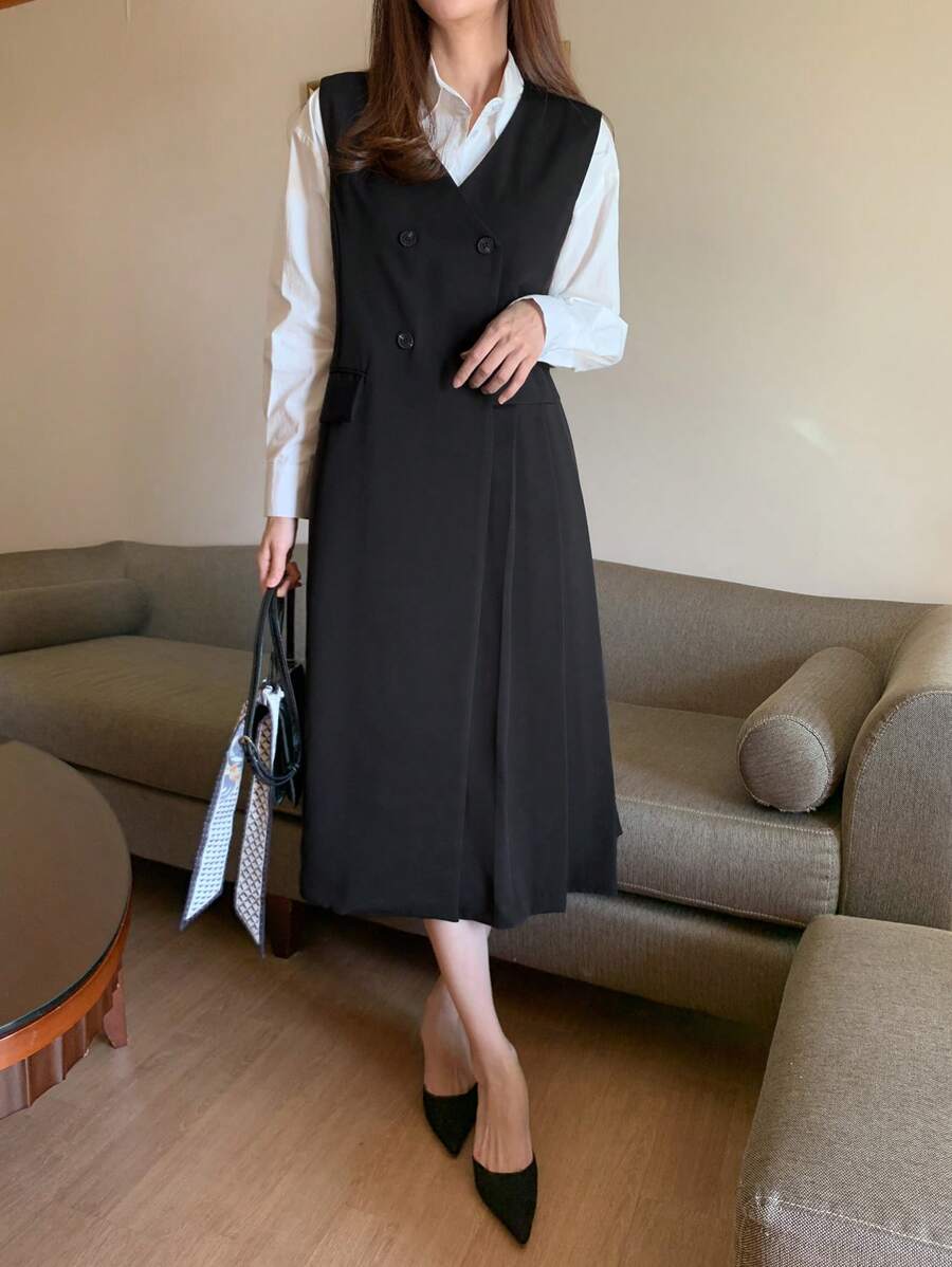 DAZY Women's V-Neck Sleeveless Button Elegance Dress & Vest,Fall Clothes - Black - View 1