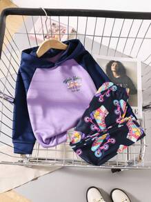 2pcs/Set Little Girls Solid Color Patchwork Long Sleeve Letter Print Graphic Hoodie And Pants Casual Outfit