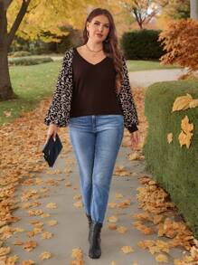 SHEIN LUNE Plus Size Women's Spring & Fall Leopard Print Lantern Sleeve V-Neck Casual T-Shirt Travel Holiday New Year Winter Clothes For Women New Years - Brown - View 1