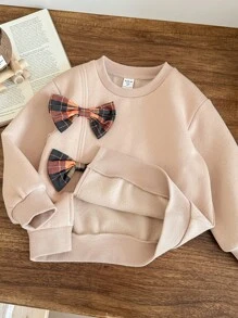 SHEIN LMoss Kids LMoss Young Girl Young Girl Knitted Solid Color Round Neck Patchwork Plaid Bow Decor Loose Casual Sweatshirt