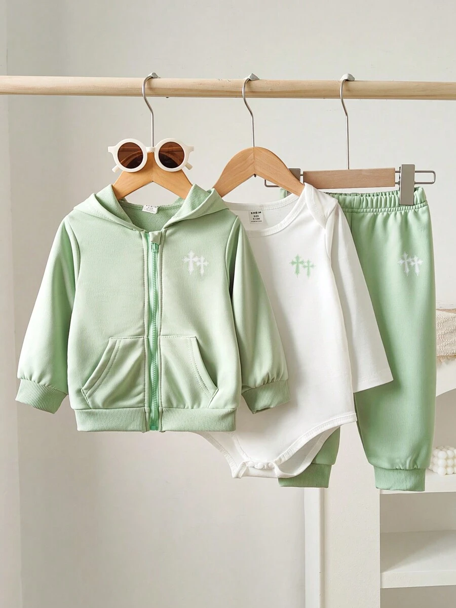 SHEIN Bộ 3 món cho bé trai: Áo khoác trùm đầu in hình chữ thập có khóa kéo có túi + Tay dài + Quần cạp chun - Màu xanh Bạc hà - Xem 1