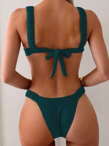 SHEIN Swim 纯色褶皱设计钢圈性感比基尼套装夏季 - 水鴨藍 - 查看 6