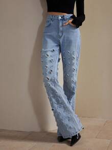 Anewsta Stylish Vintage Flared Leg Women Jeans - Blue - View 6