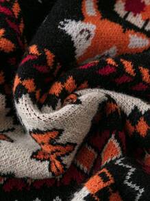 Flirla Suéter de cuello redondo con caída de hombros, con estampado de zorro y hojas, talla grande, para otoño e invierno