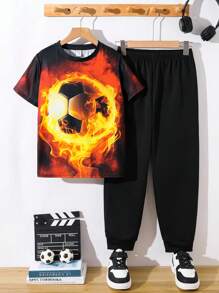 2pcs/Set Tween Boy Casual Sports Football Graphic Crewneck Short Sleeve T-Shirt And Pants Set, Suitable For Commuting, School, Daily, Vacation, Sports, Spring/Summer/Autumn