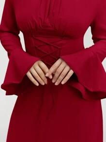 Veilorie Mock Neck Lace Up Front Long Flounce Sleeve Modest Dress - Red - View 9