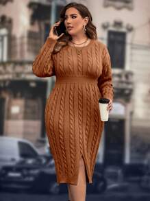 SHEIN Clasi Plus Size Solid Color Crew Neck Twist Pattern Casual Everyday Long Sleeve Sweater Dress