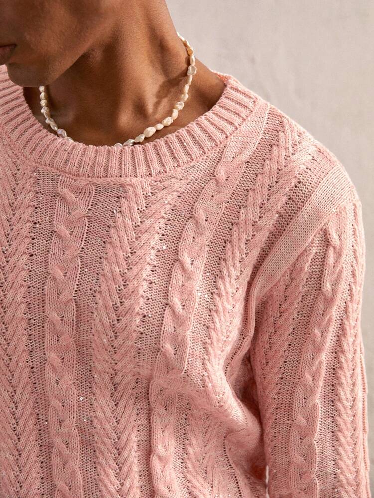Men's Slim Fit Pink Cable Knit Sequin Cardigan, Casual Autumn/Winter Party Wear