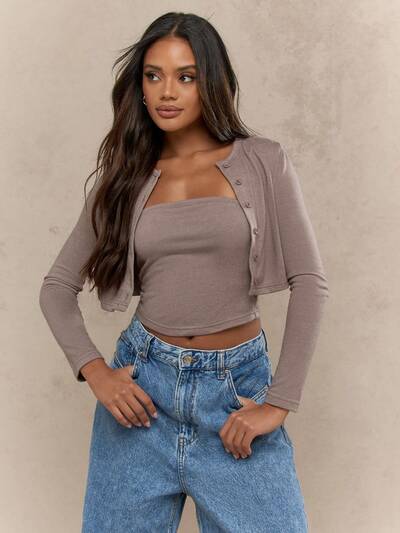 MISSGUIDED Button Up Cardigan With Strapless Tube Top Set