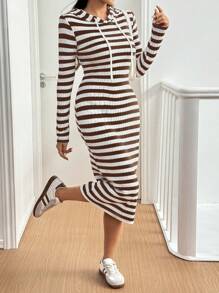 SHEIN Essnce Váy bodycon kẻ sọc trùm đầu thường ngày cho nữ, mùa thu/đông - màu nâu - Xem 4