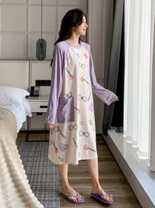 DAZY Camisón suelto con manga raglán y estampado de lazo y letras con efecto patchwork