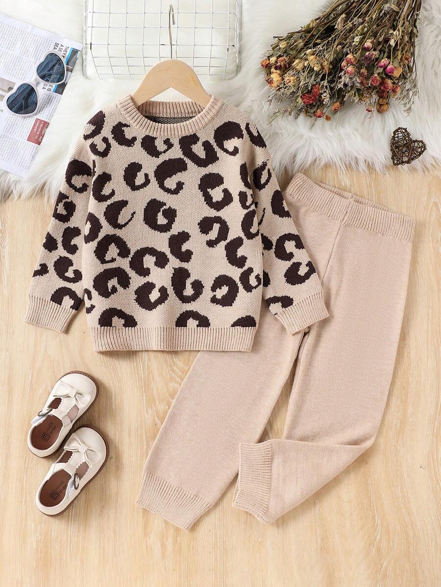 2pcs Young Girl Leopard Print Knit Sweater Set, Including Round Neck Pullover Sweater And Knitted Pants - Khaki - View 1