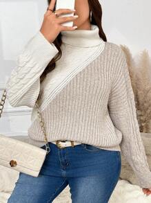 SHEIN Frenchy Plus Size Colorblock Pullover Sweater, Casual & Comfortable, Autumn/Winter Fall/Winter - Khaki - View 5