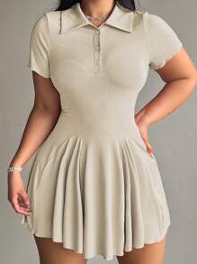 Flirla Đầm mini cổ tròn đơn giản tối giản cỡ lớn - Màu be - Xem 5