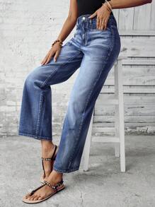SHEIN LUNE Color Blocking Pocket Casual Versatile Wide-Leg Jeans Thickened Denim - Blue - View 6