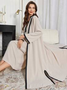 Al Najma Bộ 2 món áo khoác dài tay viền màu tương phản và váy thường ngày cho nữ - Màu be - Xem 7