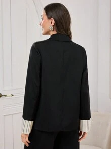 Modelyn Women Solid Color Woven Jacket With Black & White Striped Panels, Autumn/Winter