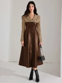 Heiryn Contrast Material Patchwork PU Leather Collar Chic Commuter Korean Style Long Dress - Brown - View 2