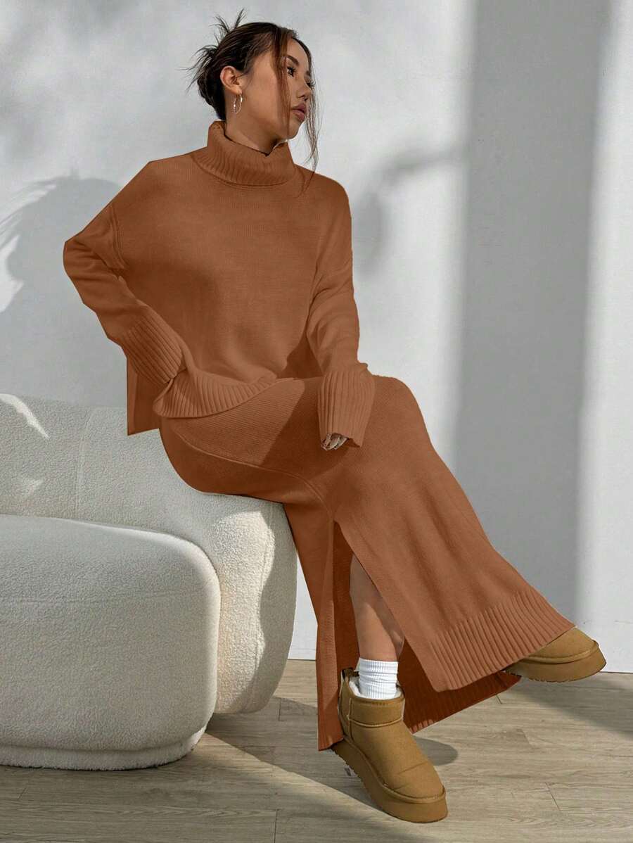 SHEIN Unity 2pcs Solid Color Casual Pullover Sweater Set, Minimalist Fashion For Daily Wear Fall Cloth For Women - Brown - View 1
