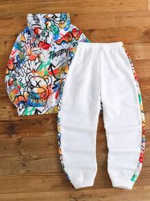 Bộ quần áo nỉ in hình gấu và trò chơi điện tử Graffiti cho bé trai tuổi mới lớn, thích hợp mặc khi đi làm, đi học, cuộc sống hàng ngày, đồ thể thao, mùa thu/đông - trắng - Xem 3