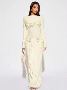 SHEIN SXY Vestido elegante con pliegues en un diseño de nudo retorcido en color albaricoque para otoño/invierno