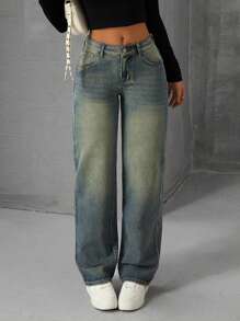 SHEIN EZwear Quần Jeans Đơn Giản Túi Nút Phía Trước Cho Nữ, Mặc Hàng Ngày Thường Ngày - Rửa trung bình - Xem 5