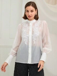 Enchnt Vrouwen kant patchwork staande kraag voorkant knoop doorschijnend lange mouw shirt