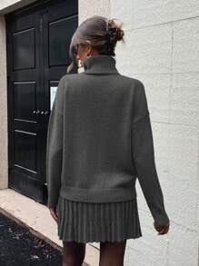 EMERY ROSE Women Grey High Collar Drop Shoulder Sweater And A-Line Pleated Knit Skirt 2 Pieces Set For Autumn/Winter Fall Cloth For Women - Grey - View 2