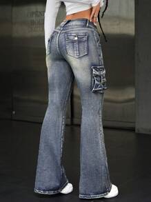 SHEIN Tall Retro Workwear Style With Pockets Casual Flare Leg Jeans - Medium Wash - View 2