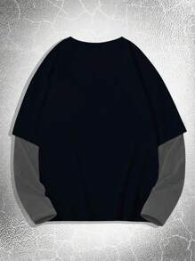 Manfinity Dauomo Men's Letter Print Round Neck Long Sleeve Casual Mock 2-In-1 T-Shirt, Autumn