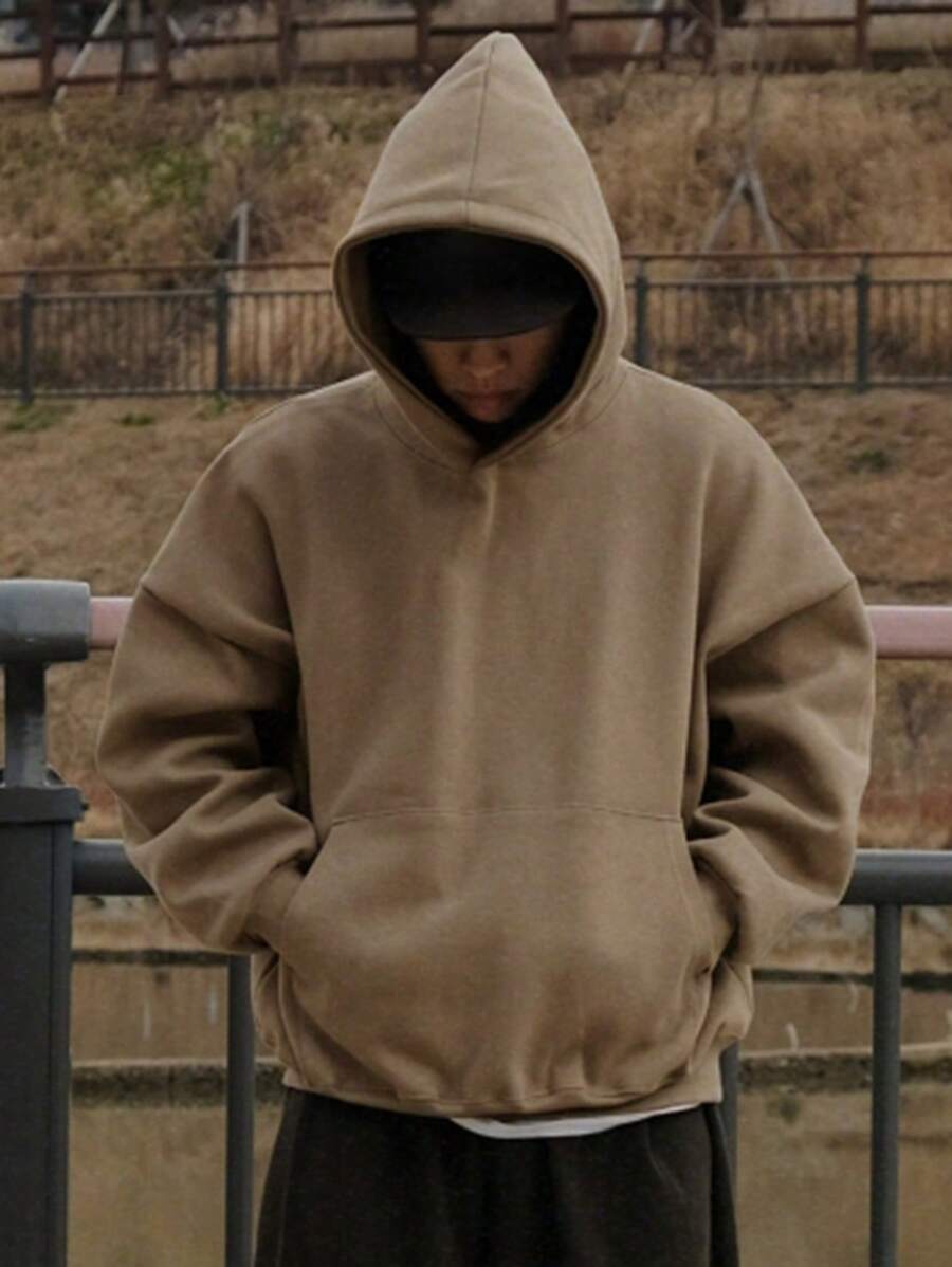 DAZY Áo hoodie dài tay màu trơn có túi rộng rãi màu nâu thường ngày cho nam vào mùa thu đông - Màu Khaki - Xem 1