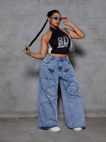 SHEIN ICON Pantalones vaqueros casuales, holgados y versátiles con bolsillos para mujer en tallas grandes