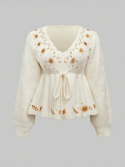 Vintage Hippie Sun & Floral Embroidery Plus Size Pullover Sweater, For Winter