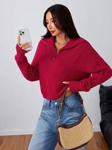 Flirla Women's Solid Color Half Zip Up Casual Pullover Sweater