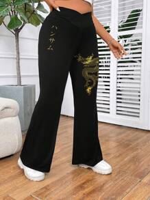 SHEIN EZwear 大码女式高腰龙日文文字印花十字设计喇叭腿紧身裤，适合春秋季节 - 黑色 - 查看 3
