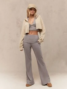 MISSGUIDED Folded Down Waistband Flared Hem Pants Office Wear - Grey - View 4