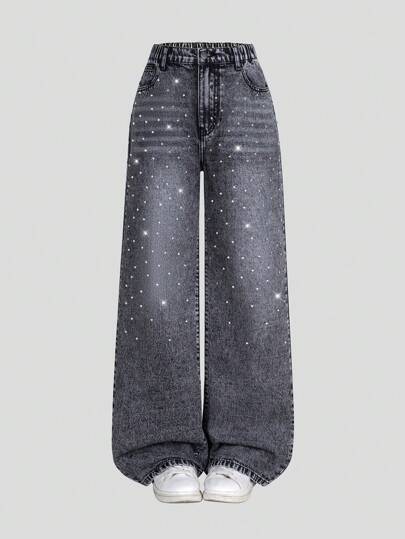 SHEIN Jeans de moda de mezclilla con lavado negro y gris vintage desgastado y adornos de cristal con estrellas, estilo Y2K para adolescentes