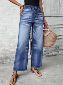 SHEIN LUNE Color Blocking Pocket Casual Versatile Wide-Leg Jeans Thickened Denim - Blue - View 3
