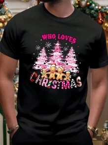 Manfinity Homme Camiseta de hombro regular talla negro, camiseta con árbol de Navidad para parejas, familias y fiestas