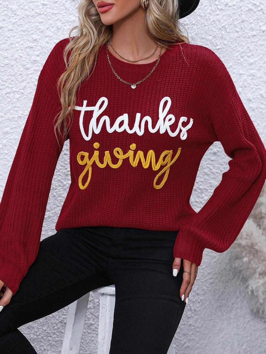 SHEIN LUNE Women's Letter Pattern Crew Neck Drop Shoulder Long Sleeve Knit Sweater, Autumn/Winter For New Year Knit Pullover Fall - Red - View 1
