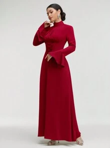 Veilorie Mock Neck Lace Up Front Long Flounce Sleeve Modest Dress - Red - View 8