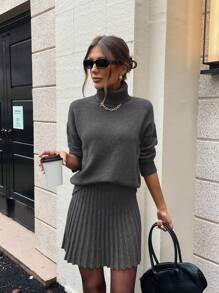 EMERY ROSE Women Grey High Collar Drop Shoulder Sweater And A-Line Pleated Knit Skirt 2 Pieces Set For Autumn/Winter Fall Cloth For Women - Grey - View 6