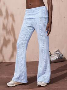 VARSITIE 高腰翻边针织提花修身及地喇叭裤 女士运动长裤 - 藍色 - 查看 5