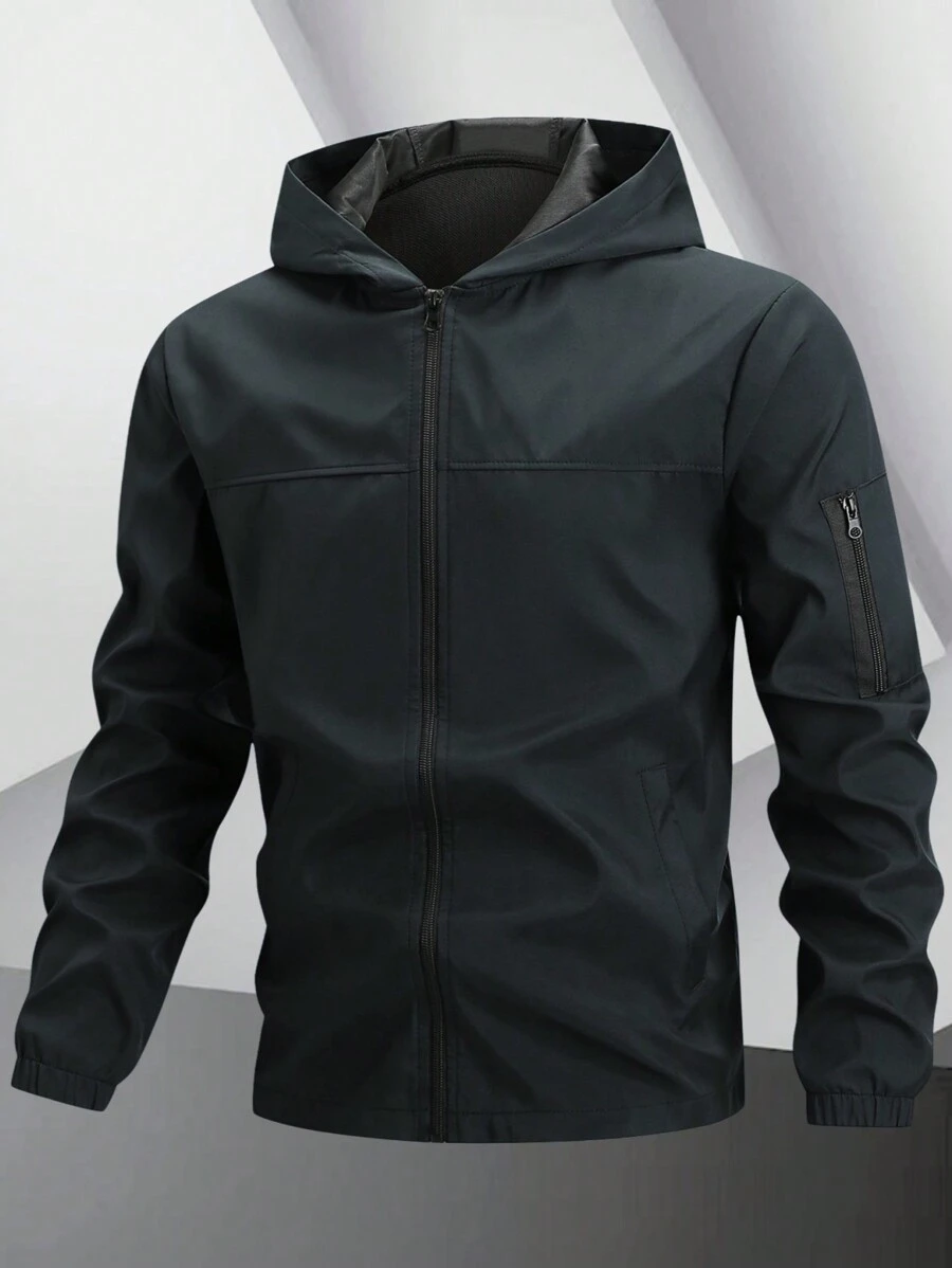 Manfinity Homme Men Light Grey Fabric Hooded Long Sleeve Outdoor Jacket For Sports And Outdoor Activities,Tech Wear Jacket, Fall - Grey - View 1