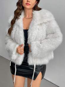 SHEIN Privé Áo khoác lót nơ lông sang trọng cỡ lớn ấm áp cho nữ, thoải mái & giản dị, thích hợp cho tiệc thu đông lạnh giá, tụ tập và mặc hàng ngày - trắng - Xem 5