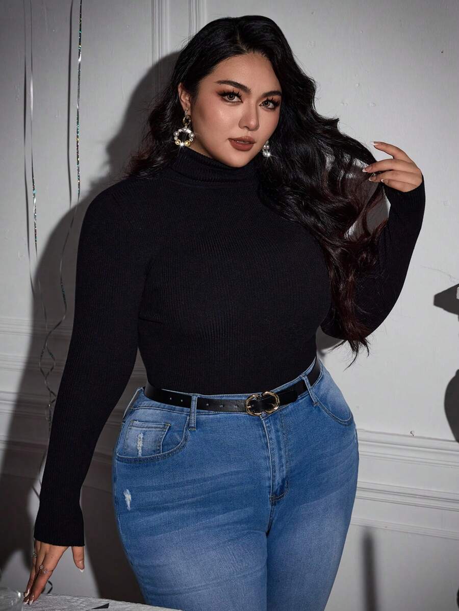SHEIN Privé Plus Size Autumn/Winter Basic Turtleneck Knitted Sweater, 2pcs/Set - Multicolor - View 1