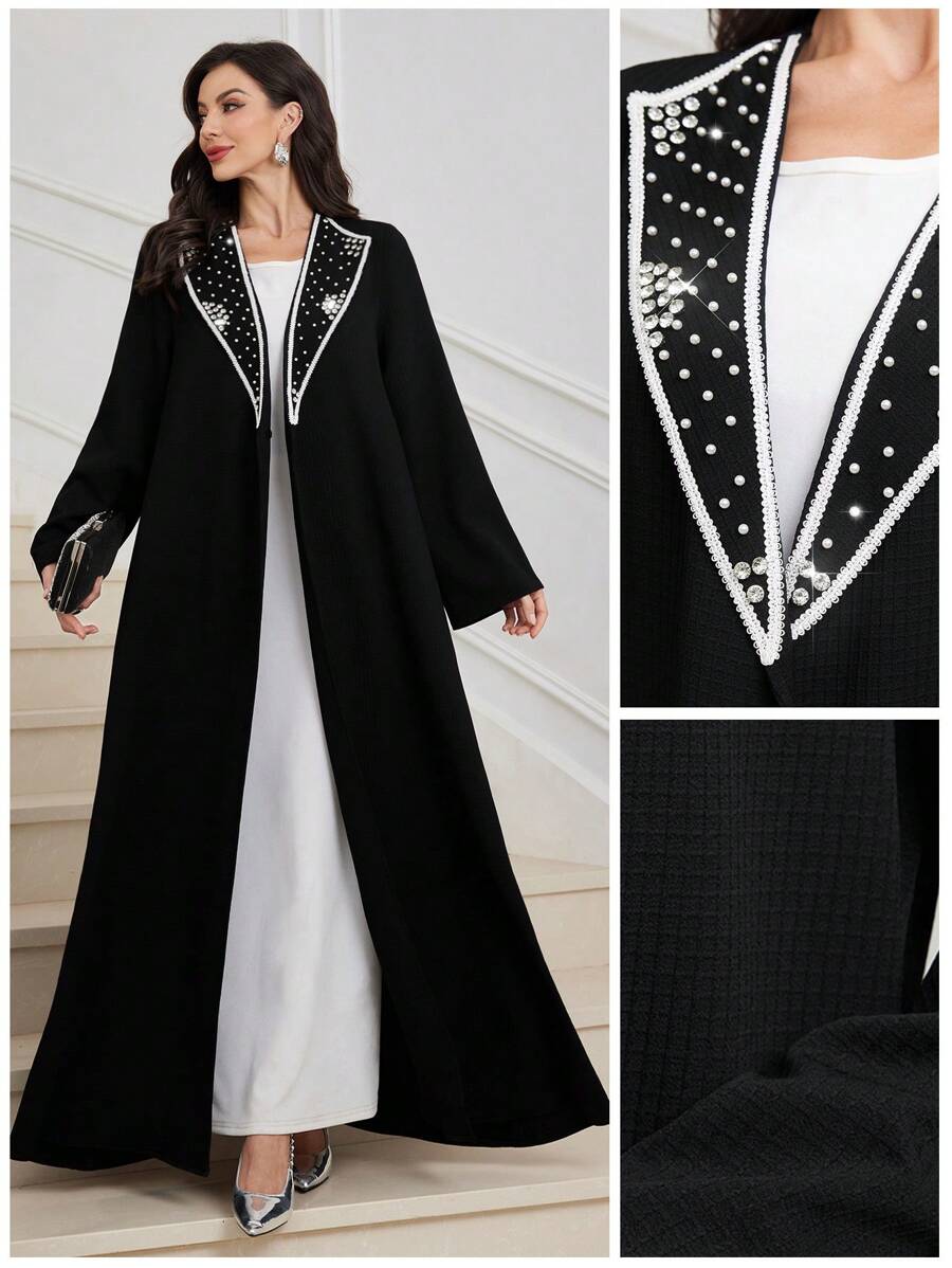 Al Najma Women Textured Collar Embellished Oversized Long Sleeve Abaya, Suitable For Autumn & Winter, Elegant Modest Open Abayas, For Casual Daily/Party