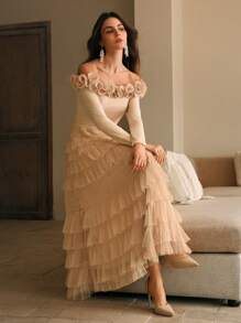 Anewsta Off-Shoulder Long Sleeve Floral Elastic Waist Splicing Mesh Flared Dress For Women Maxi Women Outfit - Pink - View 4