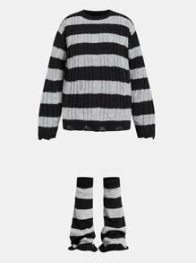 SHEIN Explorewe Teen Girls' Round Neck Striped Distressed Long Sleeve Pullover Sweater - Multicolor - View 7