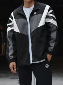 DAZY Men's Letter Print Patchwork Black Jacket, Autumn - Black - View 1